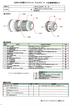 ニコンおまかせ定期メンテナンス チェックシート AF-S DX NIKKOR 10-24mm f/3.5-4.5G ED