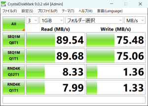 「TOSHIBA FlashAir SDHCカード 32GB SD-UWAシリーズ（W-04） SD-UWA032G」、レッツノートCF-SR3内蔵スロット、CrystalDiskMark 9.0.2 x64